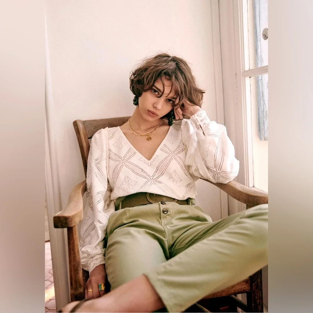 Sezane White Eyelet V-Neck Blouse - Picture 3 of 6